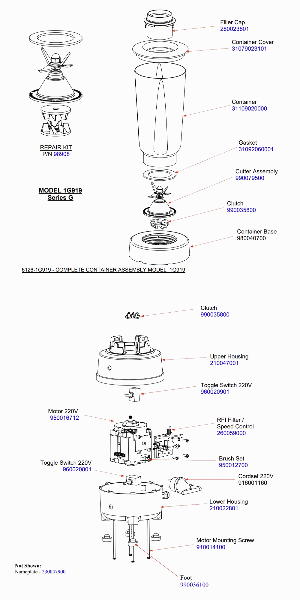 Diagram Diagram and Parts List for 1G919-UK-G  Hamilton Beach Blender